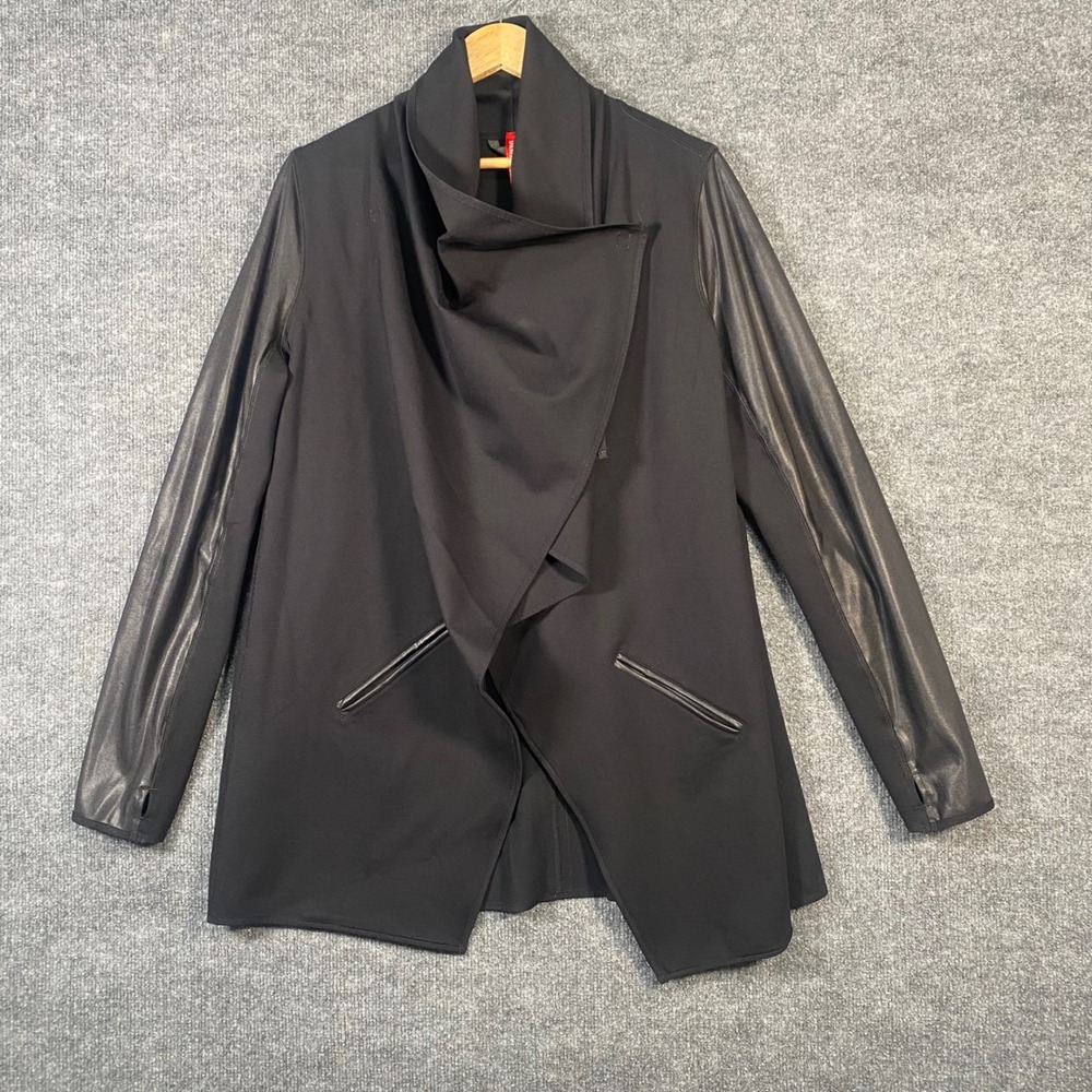 Spanx Drape Front Jacket Womens XL Black Faux Leather Sleeves Moto Stretch Chic
